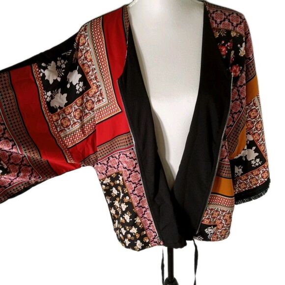 CHICOS 2 Kimono Sleeve Patchwork Zip Front Blouse Sz  L Geometric Floral Boho - Picture 5 of 12